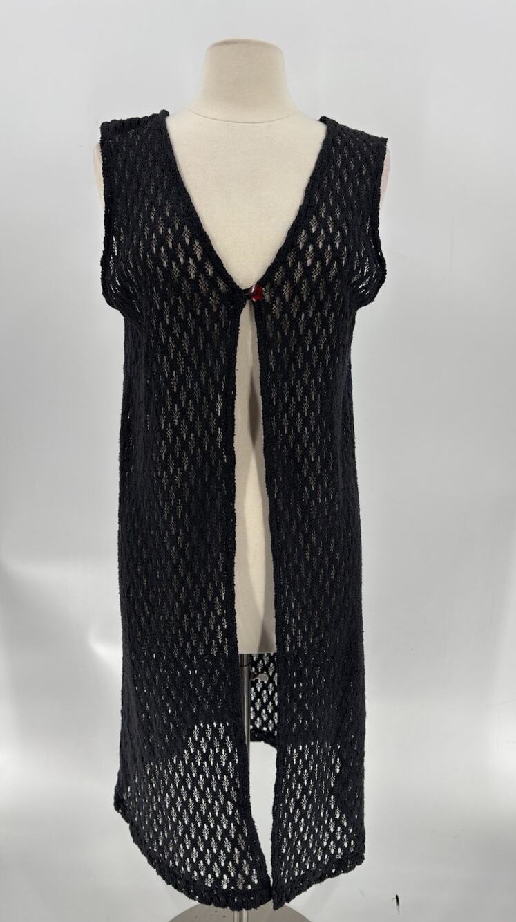 Vintage 90s Nicki & Zoey Black Crochet Duster Vest Open Knit Boho Grunge Women M